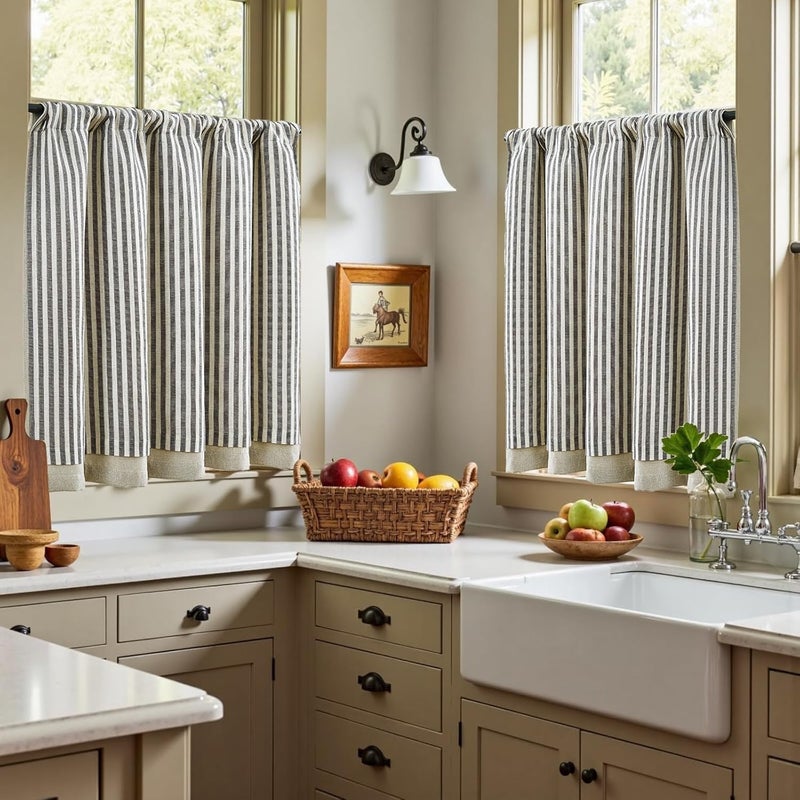 jinchan Double Layer Striped Linen Kitchen Tier Curtain Rustic Cafe for Living Room Bathroom Half Window Curtain Light Filtering Rod Pocket 1 Panel 36 Inch Charcoal Grey - Image 4